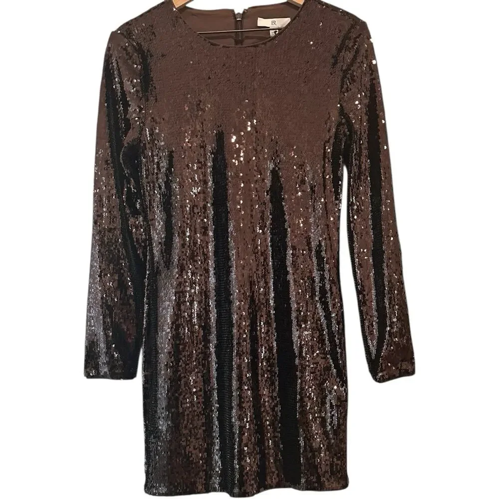Banana Republic Stretch Sequin Chocolate Ganache Brown Long Sleeve Dress Sz M - Picture 2 of 7